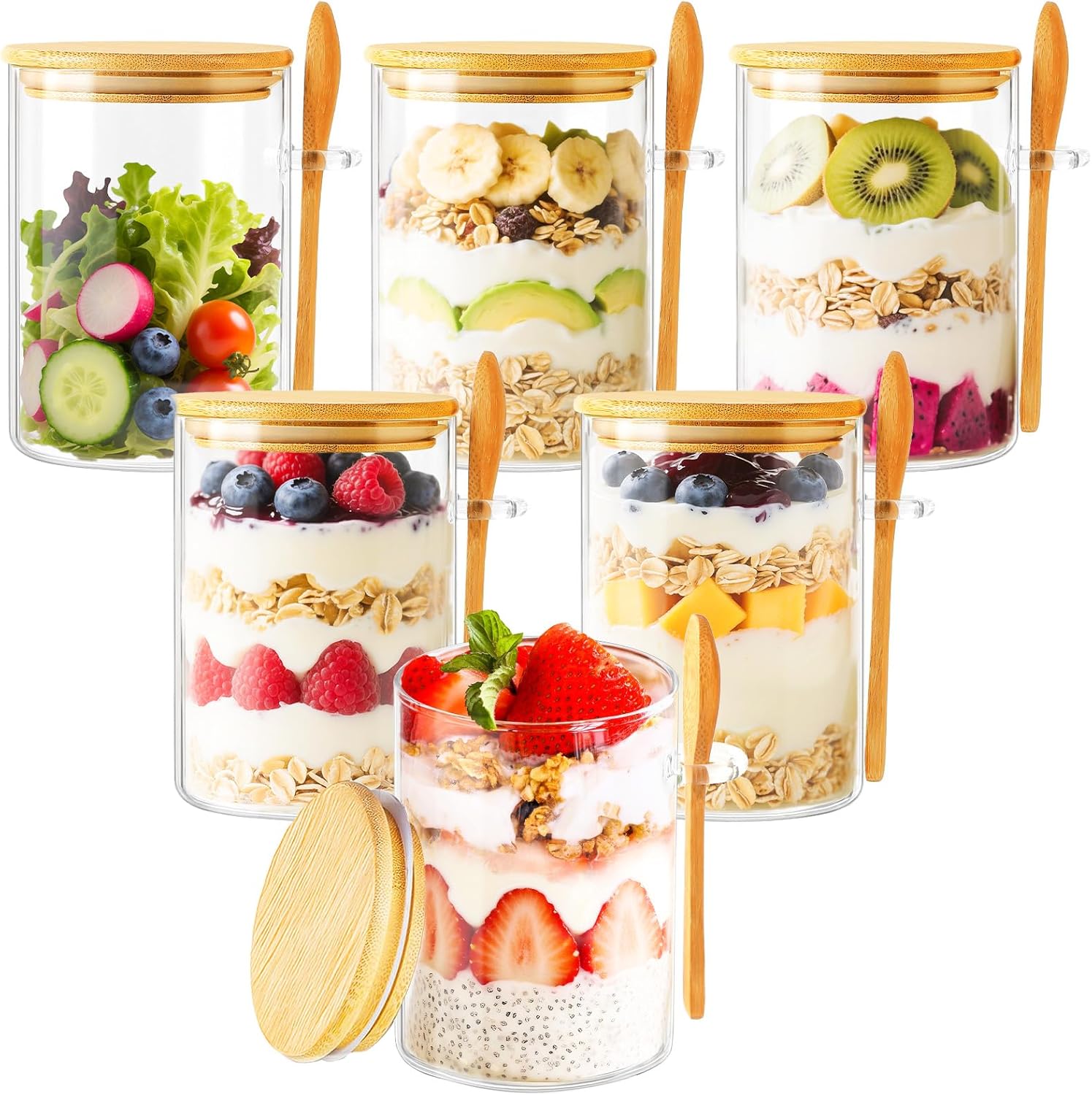 Meal Prep Glass Containers With Lids - 6 Pack Overnight Oats Containers with