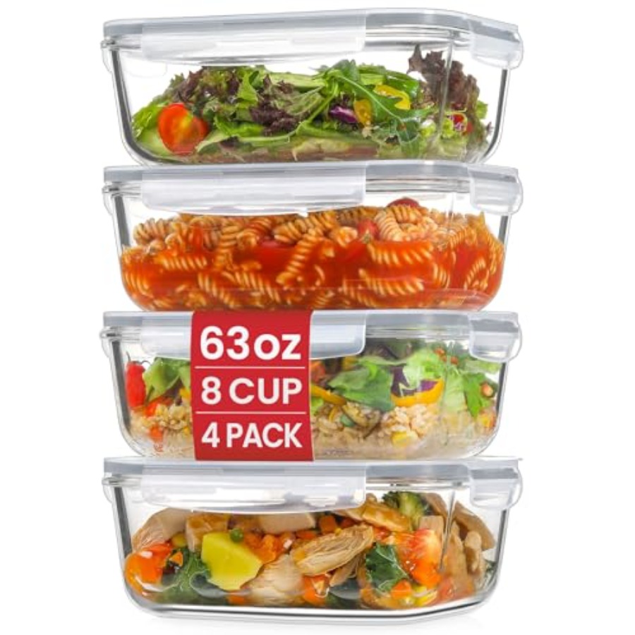 4 Pack 8 Cups/ 63oz Large Glas - Meal Prep Glass Containers With Lids reseña y precio