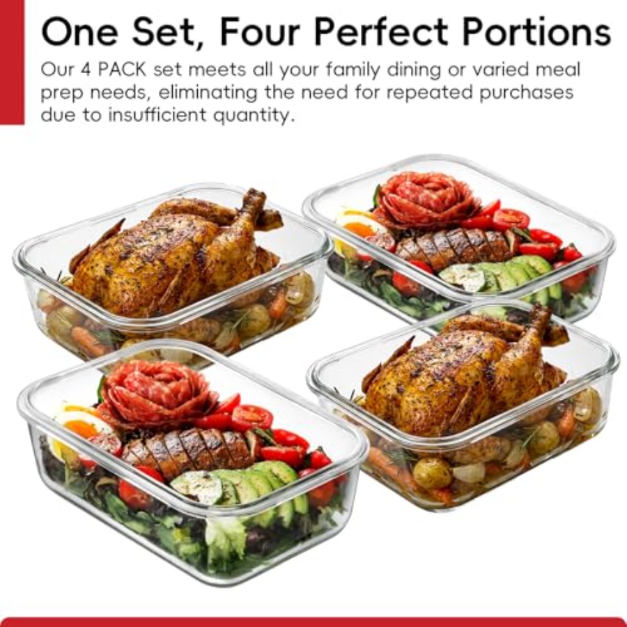 4 Pack 8 Cups/ 63oz Large Glas - Meal Prep Glass Containers With Lids reseña y precio