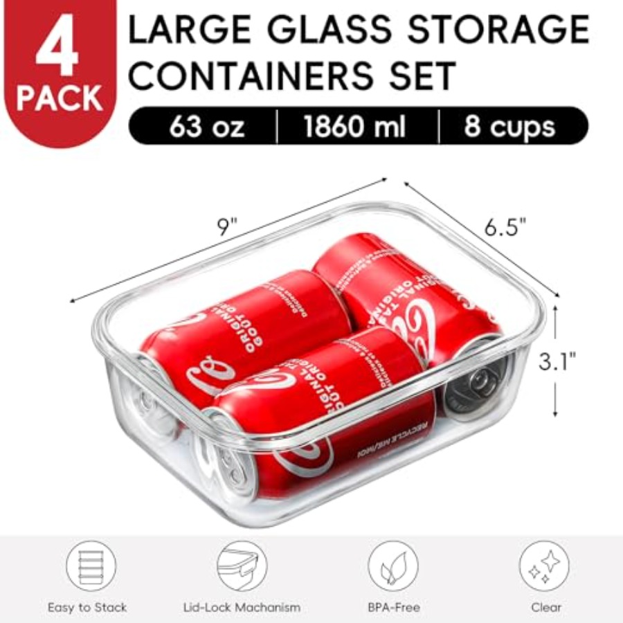 4 Pack 8 Cups/ 63oz Large Glas - Meal Prep Glass Containers With Lids reseña y precio